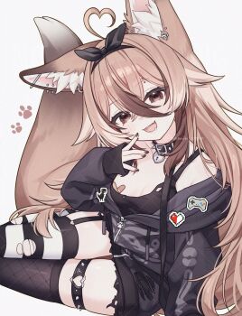 Rule 34 | 1girl, absurdres, ahoge, animal collar, animal ear fluff, animal ear piercing, animal ears, asymmetrical legwear, bandaid, bandaids on nipples, black collar, black jacket, black thighhighs, breasts, brown eyes, brown hair, cleavage, collar, commentary, commission, crossed bangs, dino (google chrome), double-parted bangs, effinfox, english commentary, eyebrow piercing, face piercing, fang, fennec fox, fox ears, fox girl, fox tail, garter straps, google chrome, hair between eyes, hand up, heart, heart-shaped lock, heart ahoge, heart collar, heart o-ring, highres, hood, hood down, hooded jacket, indie virtual youtuber, jacket, long hair, long sleeves, looking at viewer, mismatched legwear, namin (namin star), o-ring, o-ring thigh strap, open mouth, pasties, piercing, simple background, single garter strap, sitting, skin fang, small breasts, smile, solo, spiked collar, spiked thigh strap, spikes, striped clothes, striped thighhighs, tail, thigh strap, thighhighs, virtual youtuber, white background