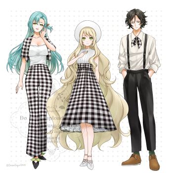 1boy 2girls alternate_costume aqua_hair ascot black_hair black_pants blonde_hair blue_hair blush bow braid breasts celine_(fire_emblem) chloe_(fire_emblem) cleavage closed_mouth collarbone collared_shirt earrings fire_emblem fire_emblem_engage green_eyes hair_bow hat highres jacket jewelry large_breasts long_hair long_legs long_skirt long_sleeves looking_at_viewer louis_(fire_emblem) midori_no_baku multiple_girls nintendo open_clothes open_jacket open_mouth pants plaid_clothes plaid_skirt red_bow shirt shoes short_hair side_braid skirt smile suspenders teardrop_earrings very_long_hair white_hat white_shirt