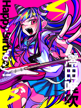 Rule 34 | 1girl, absurdres, asymmetrical legwear, black hair, black nails, blue hair, blue sailor collar, blue skirt, blush, commentary request, danganronpa (series), danganronpa 2: goodbye despair, ear piercing, elbow gloves, electric guitar, eyelashes, face piercing, fang, gloves, guitar, hair horns, haiyang shengwu, happy birthday, highres, instrument, jewelry, mioda ibuki, mismatched legwear, mouth piercing, multicolored hair, nail polish, neckerchief, necklace, one eye closed, open mouth, outstretched arm, piercing, pink eyes, pink hair, pink neckerchief, ring, sailor collar, school uniform, serafuku, shirt, short sleeves, skirt, smile, solo, v, white hair, white shirt