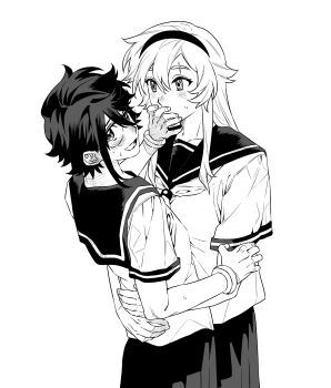 2girls blush chinese_commentary commentary covering_another&#039;s_mouth greyscale hand_over_another&#039;s_mouth heart-shift_bracelets highres hug jiguang_haibao koishikawa_iko long_hair momijiyama_teru monochrome multiple_girls neckerchief scar scar_across_eyebrow scar_on_face school_uniform serafuku shirt short_hair short_sleeves shy_(series) simple_background sweatdrop white_background yuri