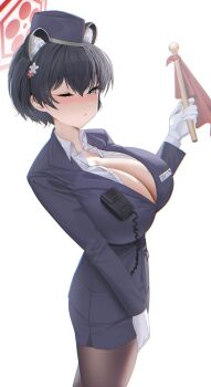 1girl animal_ears black_hair black_hat blomo217 blue_archive blush breasts breasts cheek_bulge cleavage curvy flag garrison_cap gloves halo hat highres holding holding_flag huge_breasts long_sleeves looking_at_viewer looking_to_the_side official_alternate_costume one_eye_closed open_clothes open_shirt pantyhose partially_unbuttoned raccoon_ears raccoon_girl red_flag red_halo bad_tag shirt short_hair skirt tour_guide tsubaki_(blue_archive) tsubaki_(guide)_(blue_archive) unbuttoned unbuttoned_shirt walkie-talkie white_gloves white_shirt