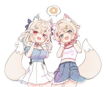 2girls :d animal_ear_fluff animal_ears blonde_hair blue_eyes blue_shirt blue_skirt blue_streaks blush breasts clothes_writing commentary_request dog_ears dog_girl dog_tail donut fang flat_chest food fuwawa_abyssgard fuwawa_abyssgard_(casual) hair_ornament halter_shirt halterneck hands_on_own_cheeks hands_on_own_face hololive hololive_english long_hair mococo_abyssgard mococo_abyssgard_(casual) multiple_girls open_mouth oppai_loli pink_eyes pink_streaks pleated_skirt pon_de_ring scrunchie shirt short_hair siblings simple_background sisters skirt sleeveless sleeveless_shirt smile spoken_food tail tomoe_takenari virtual_youtuber white_background white_shirt white_skirt wrist_scrunchie x_hair_ornament