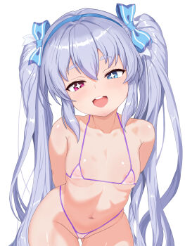 1girl absurdres arms_behind_back bikini blue_eyes blush bow breasts brown_dust_(series) brown_dust_2 elf gluteal_fold grey_hair hair_between_eyes hair_bow hairband heterochromia highres long_hair looking_at_viewer micro_bikini navel nipples open_mouth pointy_ears purple_bikini red_eyes refithea_(brown_dust) see-through_bikini see-through_clothes small_breasts smile solo star-shaped_pupils star_(symbol) stomach swimsuit symbol-shaped_pupils teeth twintails upper_teeth_only very_long_hair yok265
