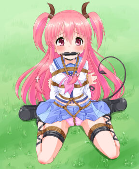 1girl angel_beats! arms_behind_back bdsm bit_gag black_boots black_choker blue_sailor_collar blue_skirt blush bondage boots bound bound_arms bound_legs bound_torso choker clothes_lift commentary_request commission crotch_rope day demon_tail floating_hair full_body furrowed_brow gag gagged gluteal_fold grass hair_between_eyes highres long_hair long_sleeves looking_at_viewer midriff miniskirt mukanata navel neckerchief on_ground outdoors panties partial_commentary pink_eyes pink_hair pink_neckerchief pink_panties pleated_skirt restrained rope sailor_collar sailor_shirt shibari shinda_sekai_sensen_uniform shirt sidelocks sitting skeb_commission skirt skirt_lift solo straight_hair tail tail_raised tareme thigh_strap thighs two_side_up underwear very_long_hair wariza white_shirt yui_(angel_beats!)