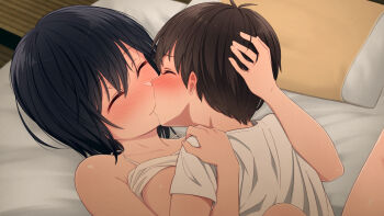 1boy 1girl age_difference bare_shoulders black_hair blush breasts brother_and_sister closed_eyes clothes_lift embarrassed from_above futon hair_between_eyes hand_on_another's_head happy_sex hetero highres incest indoors kemuri_haku kiss lying medium_hair nose_blush original pillow shirt_lift shota siblings smile tatami toaru_daikazoku_no_okazu_jijou:_mamagawari_onee-chan_funtouki upper_body