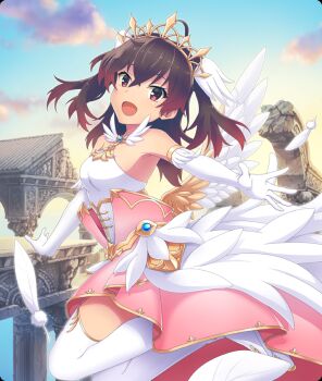 1girl :d ahoge arch asakura_mihono bare_shoulders blue_sky boots breasts brown_hair cloud dot_nose double-parted_bangs dress elbow_gloves falling_feathers feathered_wings feathers from_side game_cg gloves gold_tiara looking_at_viewer medium_hair morning official_art open_mouth outdoors outstretched_arms pillar pink_skirt red_eyes ruins skirt sky sleeveless sleeveless_dress small_breasts smile solo spread_arms thigh_boots third-party_source tiara toji_no_miko toji_no_miko:_kizamishi_issen_no_tomoshibi twintails water white_boots white_dress white_feathers white_gloves white_wings wings yellow_sky