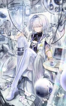 1girl absurdres colored_eyelashes commentary_request dress hair_intakes hair_ornament halo highres id_card jewelry looking_at_viewer mornye_(wuthering_waves) multiple_rings muted_color purple_dress red_eyes ring sameaki see-through_body sitting solo triangle_mouth wuthering_waves