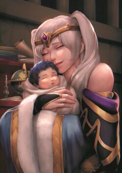 2girls absurdres baby blue_hair candlelight closed_eyes commission cuddling female_robin_(fire_emblem) fire_emblem fire_emblem_awakening happy highres loptoart lucina_(fire_emblem) mother_and_child mother_and_daughter multiple_girls night nintendo parent_and_child robe sleeping twintails white_hair