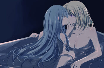 2girls 55ddee bang_dream! bang_dream!_it's_mygo!!!!! bath bathing between_legs black_background blonde_hair blue_hair blush breasts completely_nude eye_contact imminent_kiss large_breasts long_hair looking_at_another medium_hair misumi_uika multiple_girls nude parted_lips partially_submerged purple_eyes same-sex_bathing shared_bathing simple_background togawa_sakiko water yuri