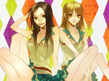 Rule 34 | 2girls, argyle background, argyle clothes, bandaid, bandaid on face, bandaid on nose, bare legs, black hair, brown hair, cheerleader, closed mouth, collarbone, green skirt, knees up, lips, long hair, looking at viewer, moyashimon, multiple girls, mutou aoi, oikawa hazuki, short hair, skirt, smile