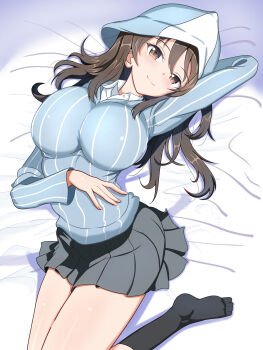 1girl absurdres black_socks blush breasts brown_eyes brown_hair closed_mouth commentary_request girls_und_panzer gratin_(kumaisao) highres keizoku_school_uniform large_breasts long_hair looking_at_viewer lying mika_(girls_und_panzer) miniskirt on_back pleated_skirt school_uniform skirt smile socks solo tulip_hat