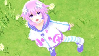 1girl 3d choker commentary d-pad d-pad_hair_ornament drawstring emblem english_commentary flower hair_ornament highres hood hoodie neptune_(neptunia) neptune_(series) open_mouth outdoors purple_eyes purple_hair short_hair sidelocks smile socks solo source_filmmaker_(medium) striped_clothes striped_socks striped_thighhighs thighhighs usb zenbuwaifu