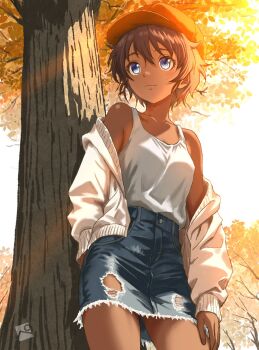 1girl alternate_costume blue_eyes blue_shorts breasts brown_hair dark-skinned_female dark_skin feet_out_of_frame girls_und_panzer hat highres jacket kainushi long_sleeves looking_to_the_side medium_breasts outdoors red_jacket shirt short_hair shorts solo standing sunset suzuki_(girls_und_panzer) tree white_jacket white_shirt