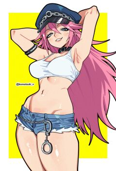 1girl absurdres aqua_eyes armlet armpits arms_behind_head artist_name black_collar blue_hat blue_shorts border breasts bright_pupils chain collar commentary cowboy_shot crop_top cutoffs denim denim_shorts grin handcuff_dangle hat highres jewelry komatsuki_n large_breasts long_hair midriff navel outside_border peaked_cap pink_hair poison_(final_fight) short_shorts shorts smile solo standing stomach street_fighter tank_top twitter_username very_long_hair white_border white_pupils white_tank_top yellow_background