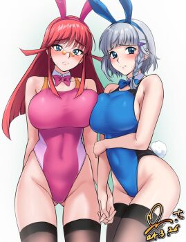 2girls animal_ears black_thighhighs blue_bow blue_eyes blue_one-piece_swimsuit blush bow braid breasts competition_swimsuit covered_navel dated detached_collar embarrassed frown grey_hair hair_ornament hairclip highres holding_hands large_breasts long_hair looking_at_viewer multiple_girls one-piece_swimsuit pantyhose pink_bow pink_hair pink_one-piece_swimsuit playboy_bunny playboy_bunny_swimsuit rabbit_ears red_hair renais_cardiff_shishiou seolla_schweizer short_hair side_braid sunglasses super_robot_wars super_robot_wars_alpha super_robot_wars_dd super_robot_wars_original_generation swimsuit the_2nd_super_robot_wars_alpha the_3rd_super_robot_wars_alpha thighhighs yoo_tenchi yuusha_ou_gaogaigar yuusha_ou_gaogaigar_final yuusha_series