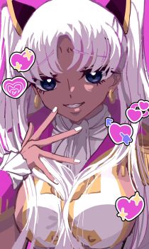 1girl artist_request blue_eyes breasts catherine_sabathra code_geass code_geass:_dakkan_no_roze dark-skinned_female dark_skin earrings hair_over_breasts highres hoop_earrings jewelry large_breasts lips long_hair looking_at_viewer pink_background pink_hair sideboob smug twintails upper_body very_long_hair