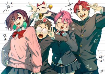 1other 2boys 2girls animal animal_on_head ayase_momo bell black_choker black_jacket black_pants black_skirt bow bowtie breasts brown_hair cat cat_on_head choker closed_eyes collared_shirt commentary_request cow crossed_bangs dandadan earrings enjoji_jin furrowed_brow gakuran glasses gold_buttons hair_between_eyes hand_on_own_hip hands_on_own_cheeks hands_on_own_face highres jacket jasmineteeea jewelry medium_breasts medium_hair multiple_boys multiple_girls neck_bell on_head open_mouth pants parted_bangs pink_eyes pink_hair pink_sweater pleated_skirt red_bow red_bowtie red_eyes red_hair round_eyewear school_uniform shiratori_aira_(dandadan) shirt shirt_under_sweater signature skirt smile sparkle suit_jacket sweatdrop sweater takakura_ken_(dandadan) turbo_granny_(dandadan) v white_shirt