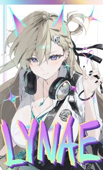 1girl absurdres black_nails black_skirt blonde_hair braid braided_bangs breasts character_name closed_mouth collarbone commentary earrings fingernails g5_(g5_gugu) hair_between_eyes hair_ornament hand_up headphones headphones_around_neck highres id_card jewelry large_breasts leaning_forward long_hair looking_at_viewer lynae_(wuthering_waves) nail_polish necklace purple_eyes shirt shirt_tucked_in skirt skull_hair_ornament smile solo star_(symbol) star_earrings sweat upper_body white_shirt wuthering_waves