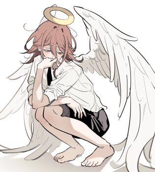 1boy androgynous angel angel_devil_(chainsaw_man) angel_wings arm_on_knee arm_rest arm_support barefoot black_necktie black_shorts chainsaw_man covering_own_mouth feathered_wings full_body hair_between_eyes halo hand_on_own_face highres long_hair long_hair_between_eyes looking_down looking_to_the_side male_focus necktie red_eyes red_hair shirt shorts solo squatting traditional_halo tus_oo white_background white_shirt white_wings wings