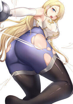 1girl ass black_thighhighs blonde_hair blue_eyes bodystocking breasts brown_dust_(series) brown_dust_2 capelet commentary_request elbow_gloves from_behind gloves highres holding holding_sword holding_weapon large_breasts long_hair one_eye_closed open_mouth rapier simple_background slashing solo sword thighhighs torn_bodystocking torn_clothes variant_set weapon white_background white_capelet white_gloves wilhelmina_(brown_dust) yougenko