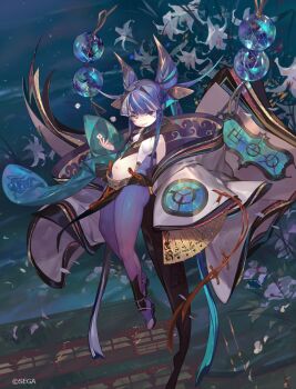 1girl bare_shoulders bifukumon-in big_belly breasts chinese_knot closed_mouth commentary_request copyright_notice dice double_bun eiketsu_taisen facial_mark floating flower folding_fan full_body hair_bun hair_ornament hand_fan heterochromia holding holding_dice japanese_clothes long_hair looking_at_viewer multicolored_hair navel official_art orange_eyes orb pantyhose pelvic_curtain pregnant purple_eyes purple_hair purple_pantyhose sidelocks sky small_breasts smile so-taro streaked_hair toeless_legwear twintails very_long_hair white_flower wide_sleeves