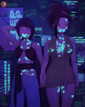 Rule 34 | 2girls, absurdres, against wall, averting eyes, bite mark, bite mark on arm, bite mark on breast, bite mark on neck, bite mark on shoulder, bite mark on stomach, bite mark on thigh, blush, boku no hero academia, breasts, cleavage, commentary, dismaiden, dress, english commentary, graffiti, hagakure toru, haneyama kazuho, highres, implied after sex, jiro kyoka, lipstick mark, lipstick mark on another's lips, lipstick mark on breast, lipstick mark on face, lipstick mark on forehead, lipstick mark on leg, lipstick mark on neck, lipstick mark on shoulder, lipstick mark on stomach, midnight (boku no hero academia), mount lady, multiple girls, poster (object), present mic, sash, short dress, thighs, too many lipstick marks, ultraviolet light, vigilante -boku no hero academia: illegals-, waist sash, yaoyorozu momo, yuri