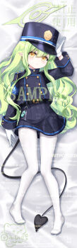 1girl :&lt; absurdres arm_up armband artist_name bed_sheet belt belt_buckle black_belt blue_archive blue_armband blue_hat blue_jacket blue_skirt blush buckle buttoned_cuffs buttons chinese_commentary closed_mouth commentary dai_die dakimakura_(medium) demon_girl demon_tail double-breasted full_body gloves green_hair green_halo hair_between_eyes halo hat highres hikari_(blue_archive) jacket legs long_hair long_sidelocks long_sleeves looking_at_viewer lying mixed-language_commentary no_shoes on_back pantyhose peaked_cap pleated_skirt pointy_ears sample_watermark sidelocks signature skirt solo tail too_many_watermarks watermark watermark_grid wavy_sidelocks white_gloves white_pantyhose yellow_eyes
