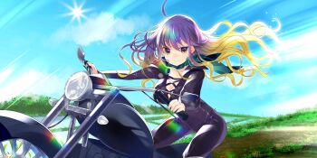Rule 34 | 1girl, bandana, biker clothes, bikesuit, black bodysuit, blonde hair, blue sky, bodysuit, breasts, cleavage, closed mouth, cloud, commentary, cross-laced clothes, day, english commentary, game cg, gradient hair, green bandana, highres, hijiri byakuren, hinayuki usa, large breasts, long hair, motor vehicle, motorcycle, multicolored hair, official alternate costume, official art, outdoors, purple hair, riding, sky, smile, solo, third-party source, touhou, touhou lostword, turbo byakuren, very long hair, yellow eyes