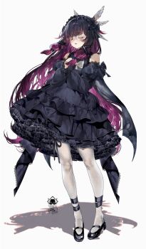 1girl alternate_costume black_dress black_hair black_shoes closed_eyes colored_inner_hair columbina_(genshin_impact) dress full_body genshin_impact highres interlocked_fingers long_hair long_sleeves multicolored_hair own_hands_clasped own_hands_together pantyhose parted_lips praying purple_hair shadow shoes simple_background solo standing two-tone_hair utsuhostoria white_background white_pantyhose