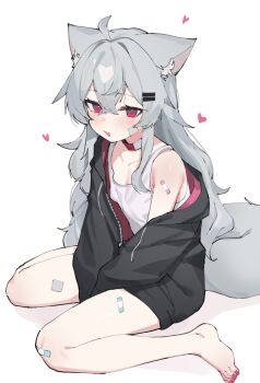 1girl :d ahoge animal_ears bandaid bandaid_on_arm bandaid_on_cheek bandaid_on_face bandaid_on_leg barefoot black_hoodie blush breasts collar commentary dot_nose fang fenrir_(fenriluuu) full_body grey_hair grey_tail hair_between_eyes hair_ornament hairclip heart highres hood hood_down hoodie long_hair looking_at_viewer nail_polish open_mouth original parallel_hairclips partially_unzipped pink_nails red_collar red_eyes rir-chan simple_background sitting small_breasts smile solo tail tank_top toenail_polish toenails too_many_bandaids wariza white_background white_tank_top wolf_ears wolf_girl wolf_tail