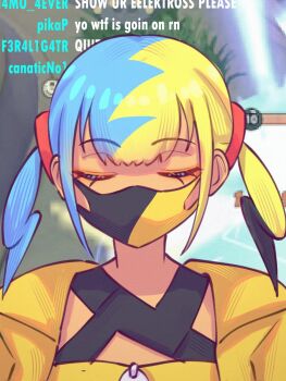 1girl aqua_hair bandeau black_mask blonde_hair canari_(pokemon) center-flap_bangs chat_log closed_eyes criss-cross_halter facing_viewer halterneck highres ishowspeed_trying_not_to_laugh_(meme) jacket mask meme mouth_mask multicolored_hair nintendo pokemon pokemon_legends:_z-a sher_(imnotsher) short_twintails solo split-color_hair twintails two-tone_hair two-tone_mask upper_body yellow_bandeau yellow_jacket yellow_mask