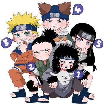 5boys akamaru_(naruto) akimichi_chouji aqua_eyes bandaged_arm bandaged_hand bandaged_leg bandages black_hair black_headband black_pants blonde_hair blue_hat blue_headband blue_shoes brown_hair clenched_hand coat dog earrings eating facial_mark fangs flak_jacket food food_on_face full_body fur-trimmed_coat fur_trim furrowed_brow green_coat green_vest grey_coat grey_eyes grey_pants grin hand_on_own_hip hat headband highres hood hood_up hooded_coat hyuuga_neji inuzuka_kiba jacket jewelry konohagakure_symbol light_frown long_hair low-tied_long_hair male_focus mogu_20251226 multiple_boys nara_shikamaru naruto_(classic) naruto_(series) no_pupils open-toe_shoes orange_jacket orange_pants pants plump ponytail shirt shoes short_hair smile sparkle spiked_hair squatting sweatdrop teeth uzumaki_naruto vest whisker_markings white_shirt