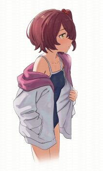 Rule 34 | 1girl, 200-ko no chikara, absurdres, blue one-piece swimsuit, breasts, commentary request, competition school swimsuit, cowboy shot, hair bobbles, hair ornament, hand in pocket, highres, jacket, komari chika, make heroine ga oo sugiru!, one-piece swimsuit, one side up, open clothes, open jacket, school swimsuit, short hair, small breasts, solo, swimsuit, watermark, white background, white jacket, yellow eyes