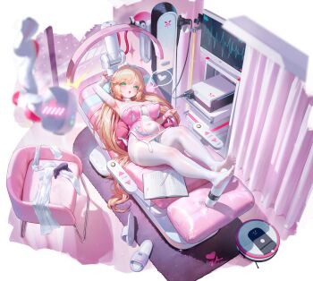 1girl armpits blonde_hair book bow breasts character_request choker copyright_request covered_navel daiblos_core detached_sleeves feet green_eyes heart highres long_hair lying official_art on_back open_book open_mouth pen sandals shadow single_detached_sleeve solo spoken_heart thighband_bodystocking unworn_sandals white_bow white_choker