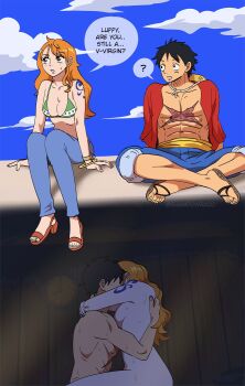 1boy 1girl ? abs are_you_a_virgin?_(meme) arm_support arms_around_neck averting_eyes bangle bare_shoulders bikini bikini_top_only black_hair blue_pants blue_shorts blue_sky blush bracelet breasts brown_eyes cleavage cloud cloudy_sky collarbone commentary cross_scar denim english_commentary english_text facial_scar from_side fur-trimmed_shorts fur_trim green_bikini hat hetero high_heel_sandals highres hug implied_sex indian_style jeans jewelry large_breasts log_pose long_hair looking_at_another meme monkey_d._luffy nami_(one_piece) nude one_piece open_clothes open_shirt orange_hair pants parody parted_lips profile red_shirt sandals sash scar scar_on_cheek scar_on_chest scar_on_face shampowrado shirt shorts shoulder_tattoo single_sidelock sitting sky speech_bubble spoken_question_mark stomach straw_hat sweat sweatdrop swimsuit tattoo tokyo_ghoul tokyo_ghoul:re yellow_sash