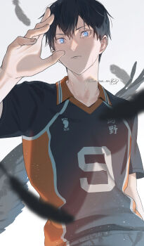 Rule 34 | 1boy, absurdres, black feathers, black hair, blue eyes, closed mouth, collared shirt, commentary request, falling feathers, feathers, haikyuu!!, hair between eyes, highres, kageyama tobio, karasuno volleyball uniform, looking at viewer, male focus, shirt, short hair, simple background, solo, sportswear, sua lucid, sweat, twitter username, upper body, volleyball uniform, white background