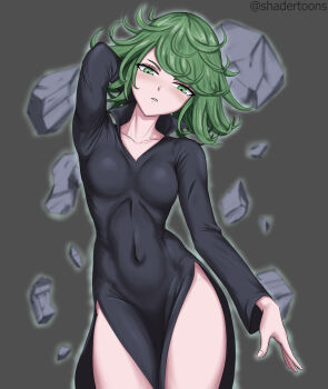 1girl ahoge arm_behind_head black_dress blush breasts collared_dress covered_navel curly_hair debris dress green_eyes green_hair grey_background highres linea_alba long_sleeves looking_at_viewer medium_breasts no_panties one-punch_man pale_skin psychic shadertoons short_hair side_slit simple_background solo tatsumaki telekinesis telepathy thighs twitter_username