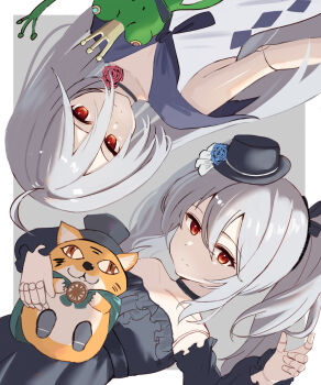 2girls ahoge bare_shoulders black_choker black_dress black_hat black_sleeves choker commentary_request detached_sleeves doll_joints dress grey_hair grey_shirt greyscale hair_between_eyes hat highres joints long_hair long_sleeves looking_at_viewer migsy mini_hat mini_top_hat monochrome multiple_girls off-shoulder_dress off_shoulder orchis red_eyes shadowverse shadowverse:_worlds_beyond shirt sleeveless sleeveless_shirt top_hat twintails zwei_(shingeki_no_bahamut)