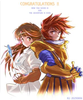 1boy 1girl armor armored_skirt artist_name belt blue_belt breastplate breasts brown_eyes brown_gloves brown_hair circlet closed_mouth commentary_request cropped_legs dated dress druaga_no_tou elbow_gloves english_text fingerless_gloves gauntlets gilgamesh_(druaga) gloves highres holding holding_staff holding_sword holding_weapon jewelry ki_(druaga) klixxxx long_hair looking_at_viewer looking_to_the_side medium_breasts necklace orange_eyes own_hands_together short_hair shoulder_armor smile spiked_hair staff sword weapon white_background white_dress