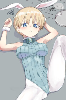 1girl alternate_costume animal_ears blonde_hair blue_eyes blue_leotard brave_witches breasts fake_animal_ears feet_out_of_frame highres large_breasts leotard long_sleeves looking_at_viewer lying nikka_edvardine_katajainen pantyhose playboy_bunny rabbit_ears ribbed_leotard short_hair solo spread_legs turtleneck white_pantyhose world_witches_series zafuri_(yzrnegy)