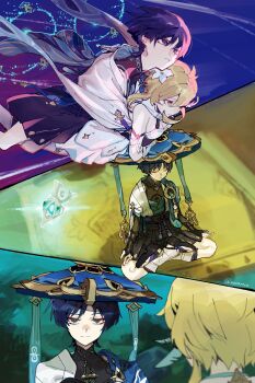 1boy 1girl animal_print aqua_gem arm_cutout armor arms_at_sides bird_print black_bodysuit black_bow black_bridal_gauntlets black_sandals black_shorts blonde_hair blue_cape blue_feathers blue_halo blue_hat blue_kimono blue_sleeves blue_trim blunt_ends bodysuit bow breasts bridal_gauntlets cape carrying carrying_person choppy_bangs cleavage closed_eyes closed_mouth clothing_cutout commentary_request core crossed_arms detached_sleeves dress eyelashes eyeliner facing_down feather_hair_ornament feathers floating flower flying furisode gem genshin_impact glowing_object gold hair_flower hair_ornament hakama hakama_shorts half-closed_eyes halo halo_behind_head halterneck hat highres hug hug_from_behind indoors japanese_armor japanese_clothes jingasa juban kimono kote kurokote large_breasts layered_sleeves leg_warmers levitation looking_at_another lotus_position lumine_(genshin_impact) makeup mandarin_collar meameeea meditation middle_ring multiple_halos multiple_views open_clothes open_hands open_kimono outdoors pleated_shorts pom_pom_(clothes) purple_eyes purple_hair purple_rope red_eyeliner rope sandals scaramouche_(genshin_impact) scarf scene_reference short_hair short_hair_with_long_locks short_sleeves shorts shoulder_peek sidelocks sitting stirrup_legwear tassel toeless_legwear tsurime twitter_username vision_(genshin_impact) wanderer_(genshin_impact) white_dress white_kimono white_leg_warmers white_scarf white_sleeves white_trim wind yellow_eyes yellow_feathers zouri