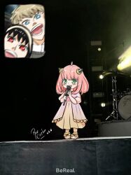 Rule 34 | 1boy, 2girls, ahoge, anya (spy x family), blush, child, dress, drum, drum set, fan screaming at madison beer (meme), full body, green eyes, happy, highres, holding, holding microphone, instrument, meme, microphone, multiple girls, music, open mouth, photo background, pink hair, rou uor, screaming, singing, smile, spy x family, standing, twilight (spy x family), yor briar