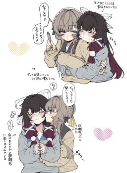Rule 34 | 2girls, arm under breasts, black hair, black sailor collar, blue eyes, blue sailor collar, blush, bonnet, brown hair, brown sweater, closed eyes, closed mouth, columbina (genshin impact), commentary request, contemporary, eye mask, genshin impact, grey sweater, heart, highres, holding, holding pen, hug, hug from behind, mask, multiple girls, own hands together, pen, pinponpaaru, purple streaks, sailor collar, sandrone (genshin impact), school uniform, simple background, speech bubble, steepled fingers, sweat, sweater, thought bubble, translation request, white background, yuri