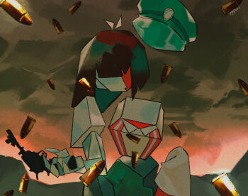 Rule 34 | 1girl, blunt ends, bob cut, bullet, colored skin, cubism, ena: dream bbq, ena (dream bbq), ena (series), ena (species), foog (ppppppuri), hat, highres, low poly, meanie ena, multicolored skin, red skin, shirt, short sleeves, solo, split-color skin, surreal, two-tone skin, unworn hat, unworn headwear, white shirt, white skin