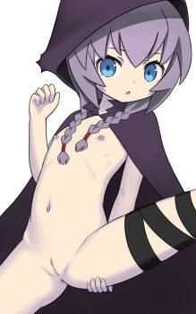 1girl ami_(ammy33) anus black_cloak blue_eyes braid cleft_of_venus cloak curse_maker curse_maker_2 etrian_odyssey female_focus flat_chest hand_on_own_thigh hood hood_up loli long_hair looking_at_viewer navel nipples open_mouth presenting presenting_pussy purple_hair pussy solo spread_legs thigh_strap twin_braids uncensored white_background