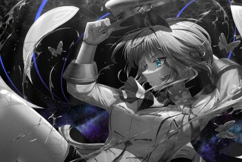 Rule 34 | 1girl, amekudaki, animal ears, blue eyes, breasts, bug, butterfly, cape, cheval grand (grand itineraire) (umamusume), cheval grand (umamusume), closed mouth, commentary request, ear covers, hair between eyes, hat, hat belt, highres, holding, holding unworn clothes, holding unworn hat, horse ears, horse girl, insect, jacket, medium breasts, monochrome, multicolored hair, peaked cap, shorts, solo, spot color, streaked hair, thighs, umamusume, unworn hat, unworn headwear