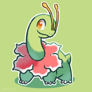 antennae claws closed_mouth flower full_body gen_2_pokemon green_background long_neck looking_at_viewer meganium nintendo no_humans pokemon pokemon_(creature) pokemon_focus sauropod simple_background smile smore_(smearg) solo tail yellow_eyes