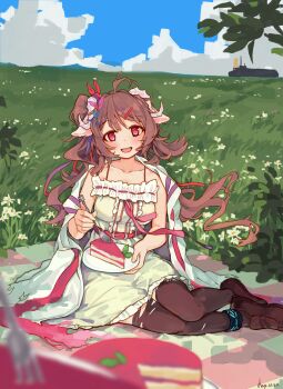 1girl absurdres animal_ears arknights artist_name bare_shoulders blush breasts brown_hair brown_thighhighs cake cake_slice cloud cloudy_sky coat coat_on_shoulders commentary_request dated dcy11011 dress eyjafjalla_(arknights) food fork grass hair_ornament hairclip highres horn_ornament horns infection_monitor_(arknights) lab_coat loafers long_hair looking_at_viewer medium_breasts open_mouth picnic picnic_blanket red_eyes rhodes_island_landship sheep_ears sheep_girl sheep_horns shoes sitting sky smile solo spoon thighhighs thighs torn_clothes torn_thighhighs twintails white_coat white_dress