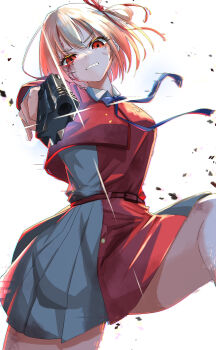 1girl absurdres aiming aiming_at_viewer blonde_hair blood blood_on_face boco_deco clenched_teeth glint gun hair_ribbon handgun highres looking_at_viewer lycoris_recoil lycoris_uniform nishikigi_chisato red_eyes ribbon short_hair simple_background solo teeth thighs v-shaped_eyebrows weapon white_background