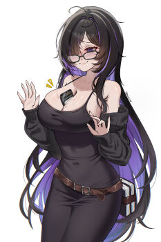 1girl absurdres bare_shoulders belt between_breasts black_dress black_hair blush breasts brown_belt cellphone closed_mouth colored_inner_hair commentary dress english_commentary glasses goddess_of_victory:_nikke hair_over_one_eye highres label_(nikke) long_sleeves multicolored_hair off_shoulder one_eye_covered phone purple_eyes purple_hair simple_background smartphone smile solo two-tone_hair white_background wonnikon